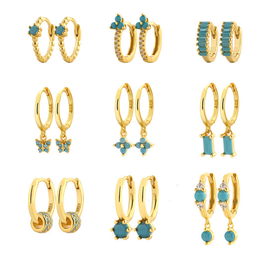 Aretes de aro de lujo para mujer de plata de ley 925, con diseño geométrico floral de mariposa en forma de lágrima y turquesa azul