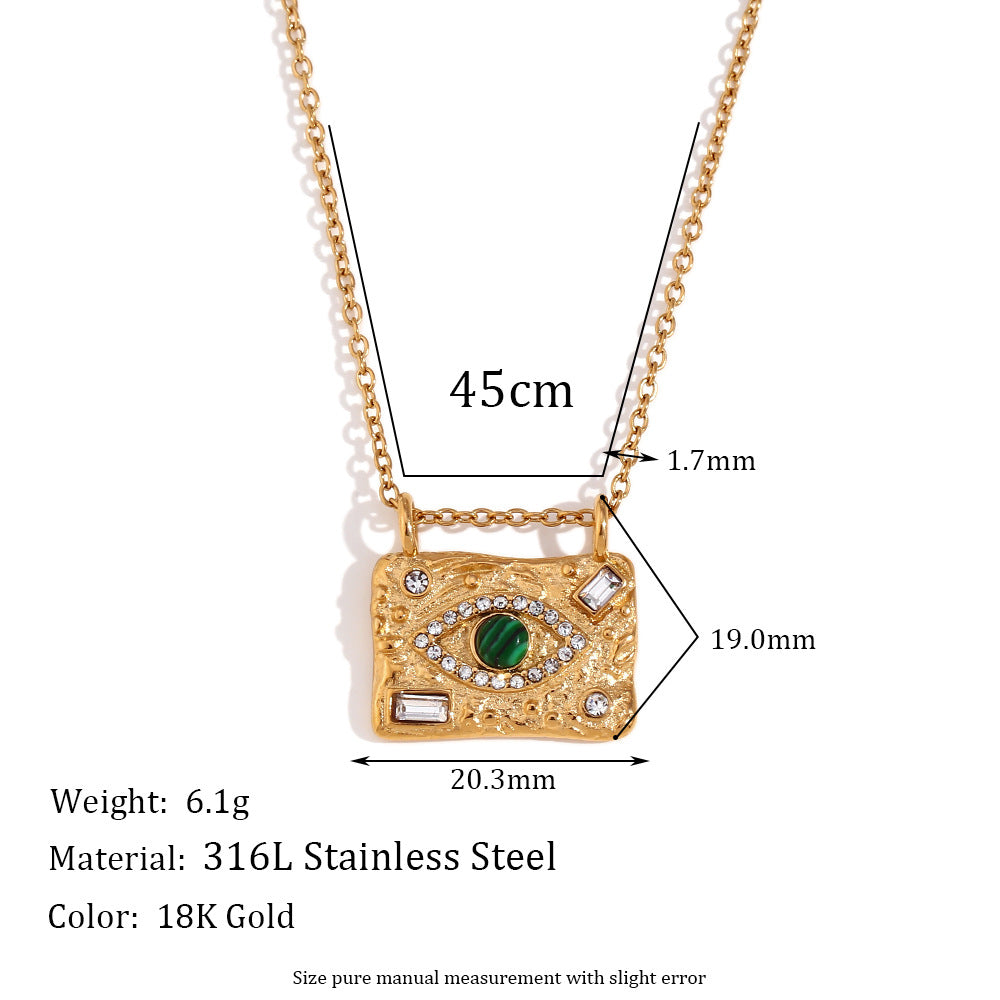 Collana minimalista con pendente geometrico a forma di occhio in malachite e zirconi in acciaio al titanio placcato oro da donna