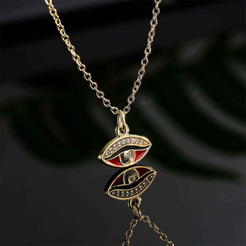 Geometric Drip Oil Brass Gold Plated Cubic Zirconia Eye Pendant Necklace for Women