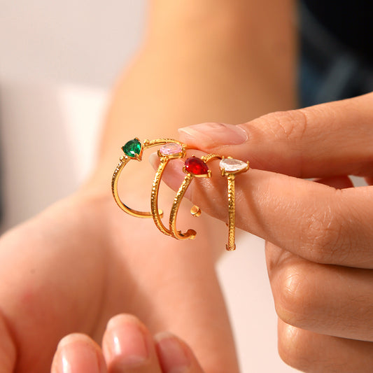 Vintage French Light Luxury 18K Gold Plated Stainless Steel Zircon Waterdrop Hammered Texture Open Ring for Women