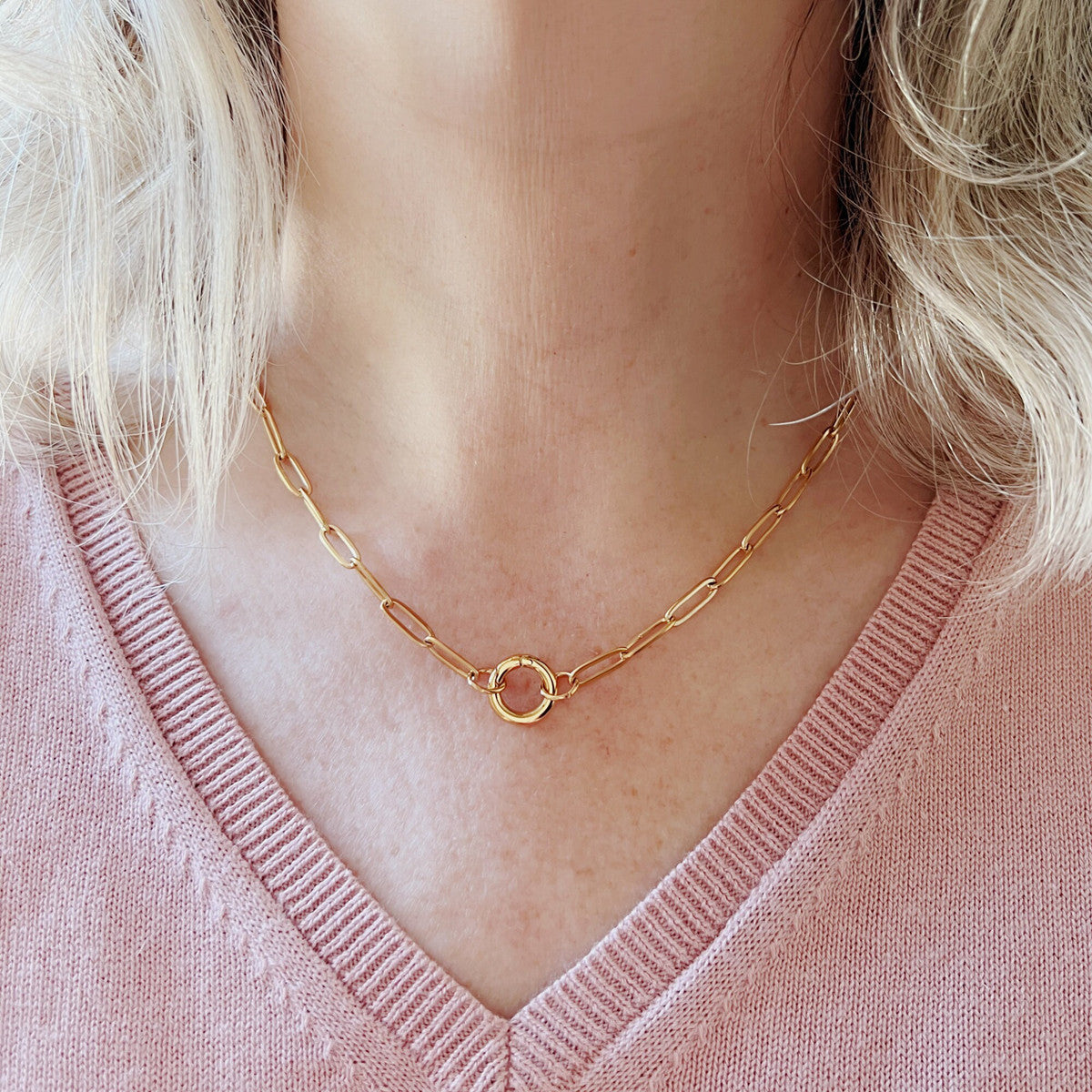 Minimalist Heart Round Stainless Steel Plated Pendant Necklace with Paperclip Chain DIY Charm Bar Unisex