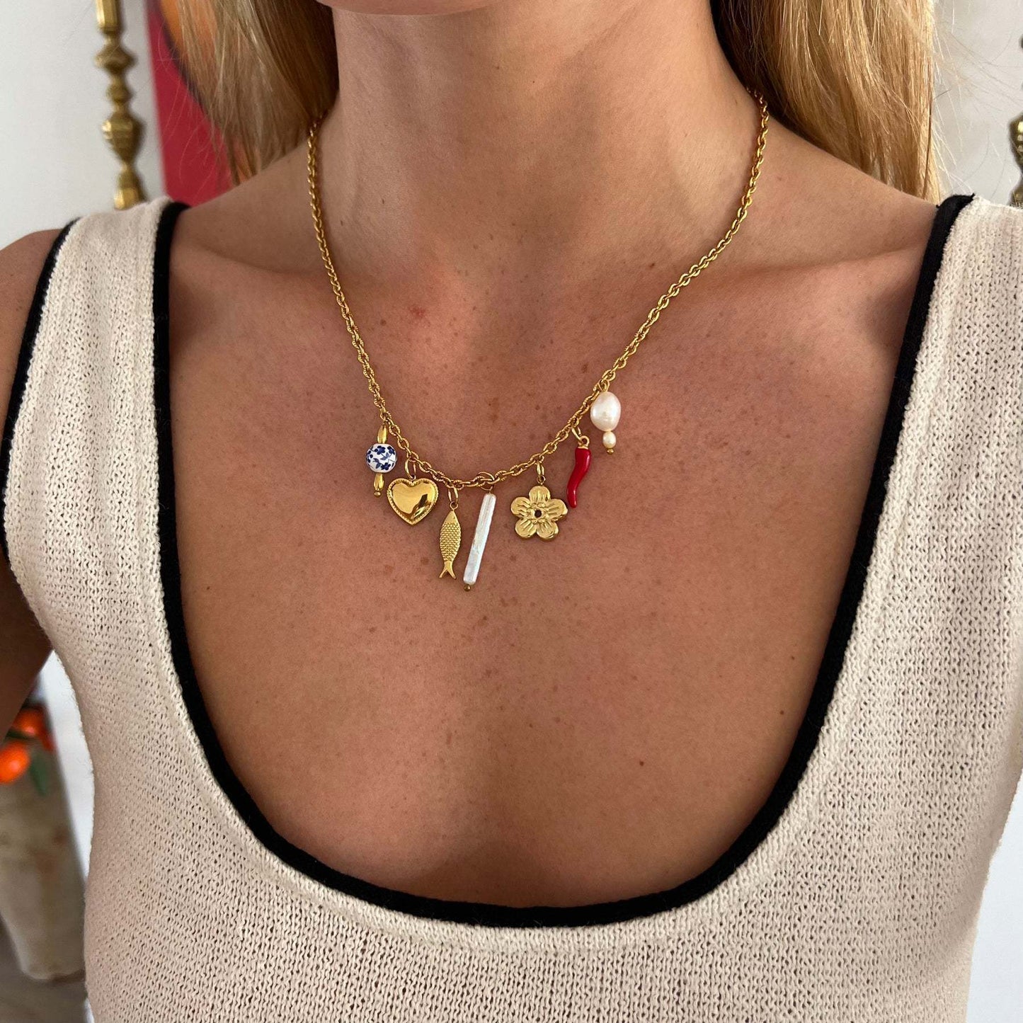Plated Stainless Steel Heart Star Moon Gemstone Pendant Necklace for Women Charm Bar