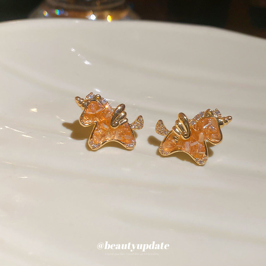 Orecchini a perno di lusso a forma di cavallo in Argento 925 Placcato Oro 18K con Zirconia Cubica e Cristallo