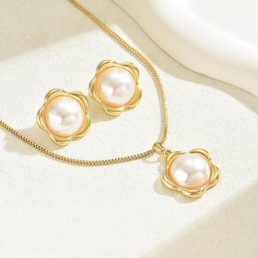 Parure Girocollo Lungo Stile Geometrico da Donna con Ciondolo in Rame Intarsiato con Perle e Orecchini Abbinati