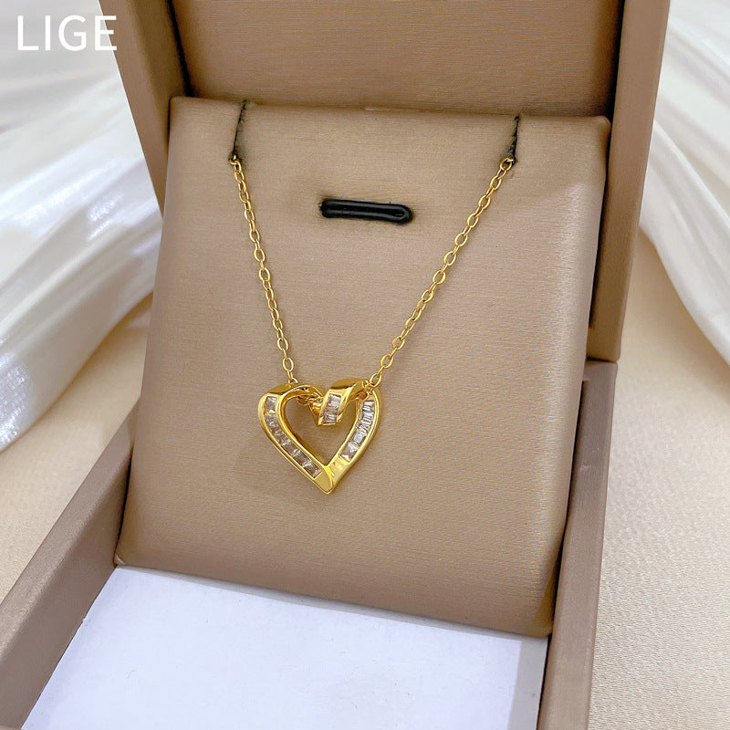 Collar con Colgante de Acero Inoxidable con Circonitas Incrustadas en Forma de Corazón Estilo Dibujos Animados para Mujeres y Hombres, Cadena Minimalista a la Clavícula