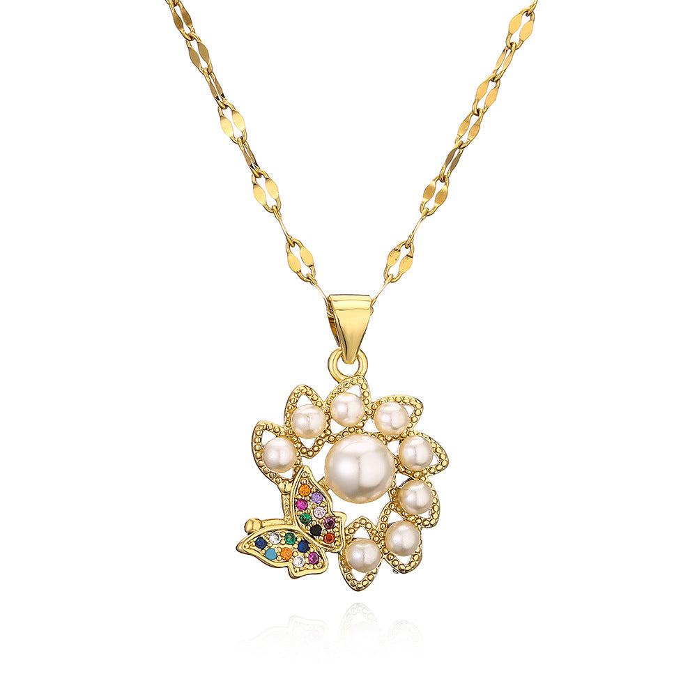 Collana con Pendente Geometrico Minimalista da Donna con Zirconi e Dettagli in Perle su Catena in Rame