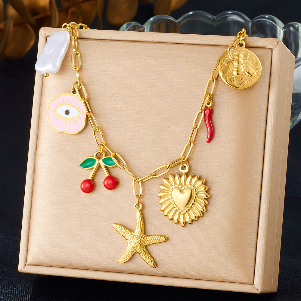 Cartoon Cherry Heart Drip Oil Stainless Steel Pendant Necklace with Box Chain for Women