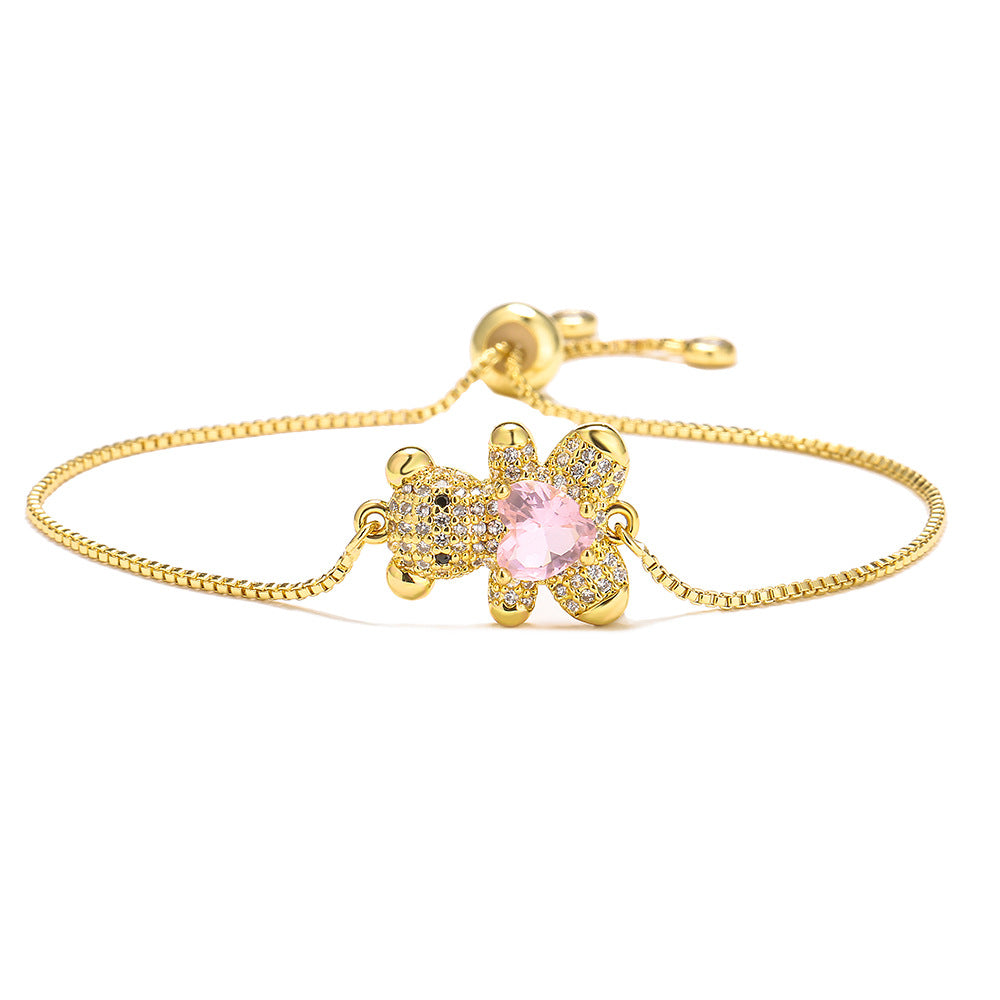 Cute Heart-Shaped Bear Adjustable Drawstring Bracelet for Women in Copper with Zircon Inlay