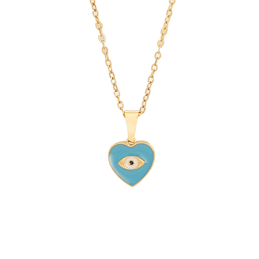 Minimalist Blue Enamel Eye Pendant Necklace with Hand Charm in Stainless Steel