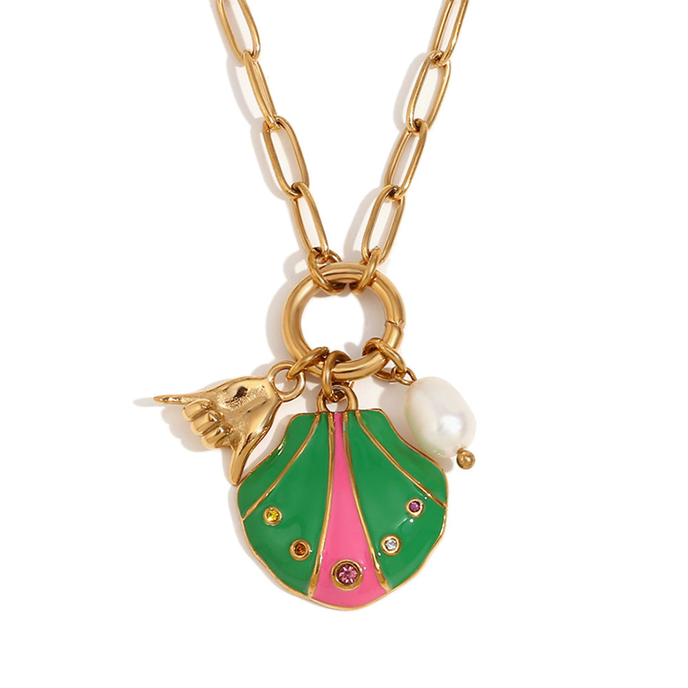 Collana con ciondolo in acciaio inossidabile geometrico minimalista alla moda con placcatura in oro 18 carati, dettagli in strass colorati, motivo a conchiglia e design a gesto della mano