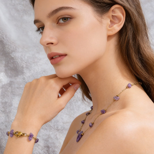 Set di collana e bracciale da donna in acciaio al titanio placcato oro con pietra naturale irregolare, dolce, elegante e geometrico