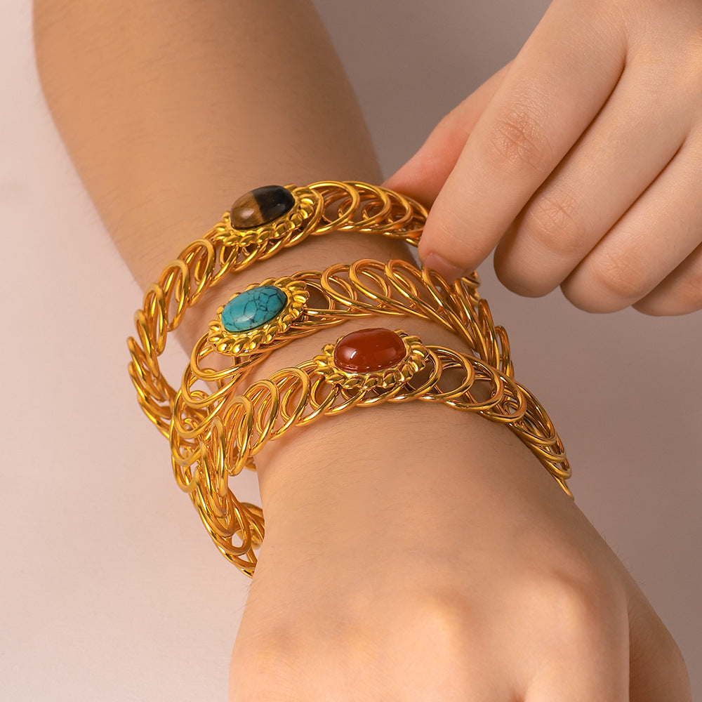 Bracciale a molla regolabile in acciaio inossidabile da donna, stile francese vintage, con intarsio in pietra naturale e finitura placcata