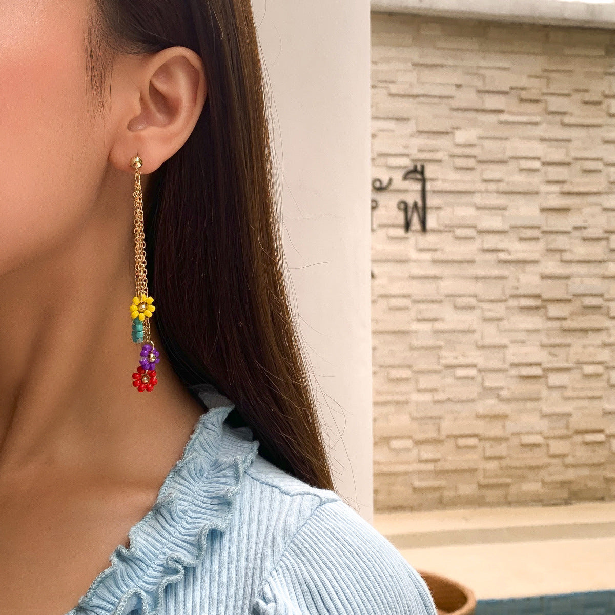 Sweet Casual Plated Brass Daisy Tassel Earrings