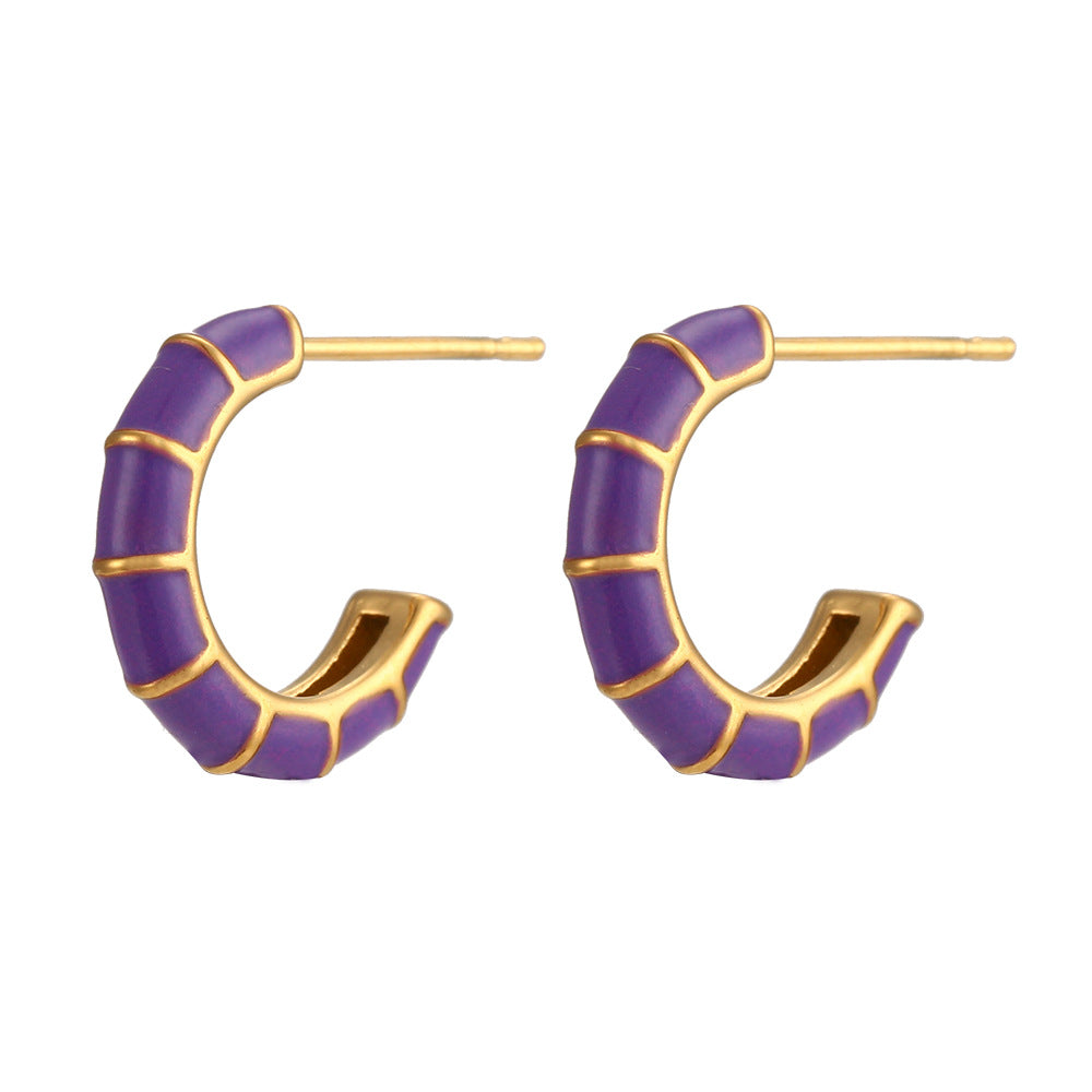 Fashionable Geometric Wheel-Shaped Stainless Steel Earrings with 18K Gold Plating and Enamel Coloring for Women