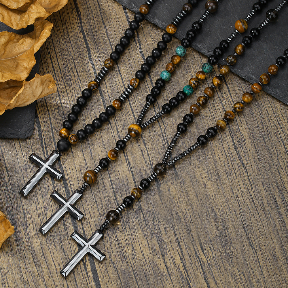 Men's Cross Pendant Necklace with Stone Beads and Alloy Cross Charm