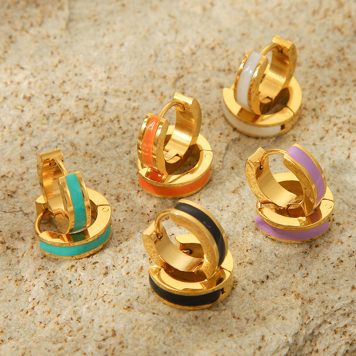 Minimalist Geometric Titanium Steel Earrings with 18K Gold Plating and Colorful Enamel Finish for Women