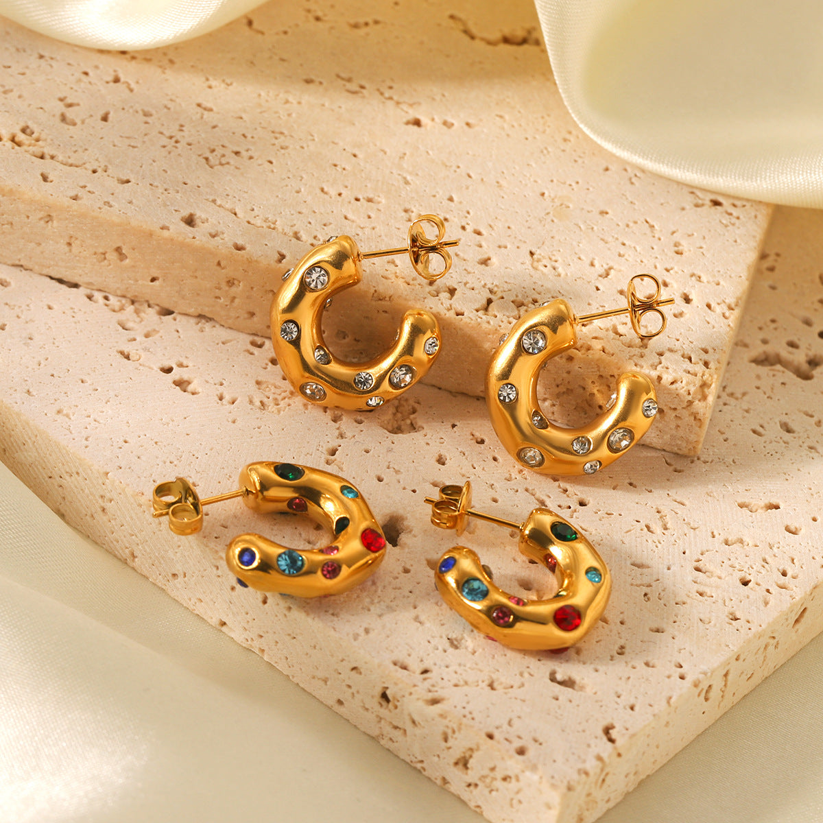 Ins Style Geometric C-Shaped 18K Gold Plated Stainless Steel Stud Earrings with Zircon for Women