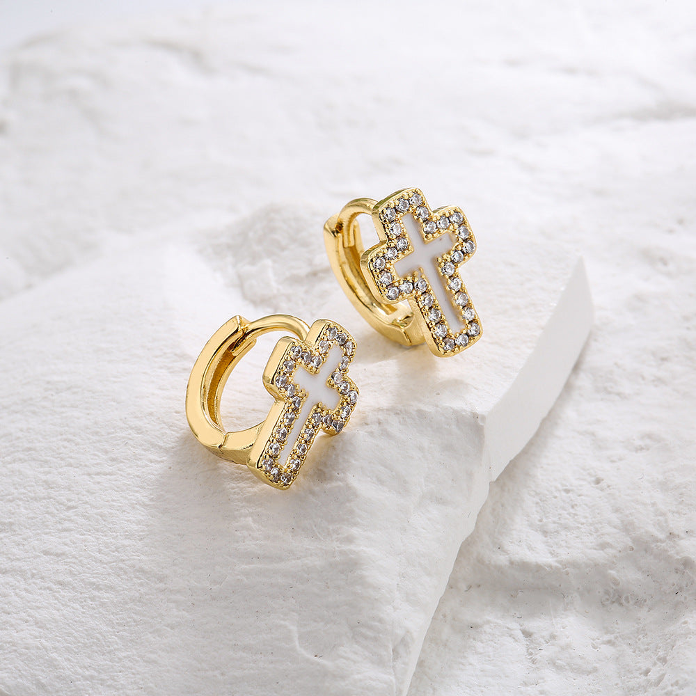Orecchini geometrici minimalisti in rame placcati in oro 18 carati con smalto in zirconia micro-pavé