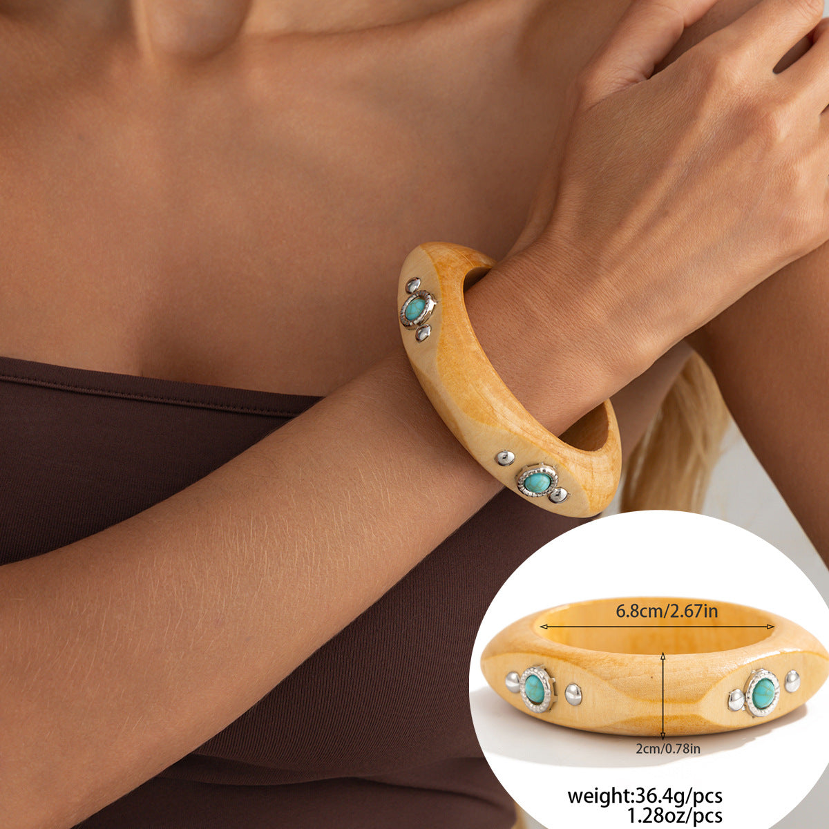 Vintage Ethnic Round Wood Cuff Bracelet Handmade