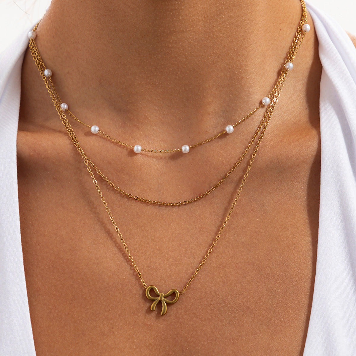 Sweet Faux Pearl Bow Stainless Steel Necklace PVD Plated Multi-layer Cable Chain for Women
