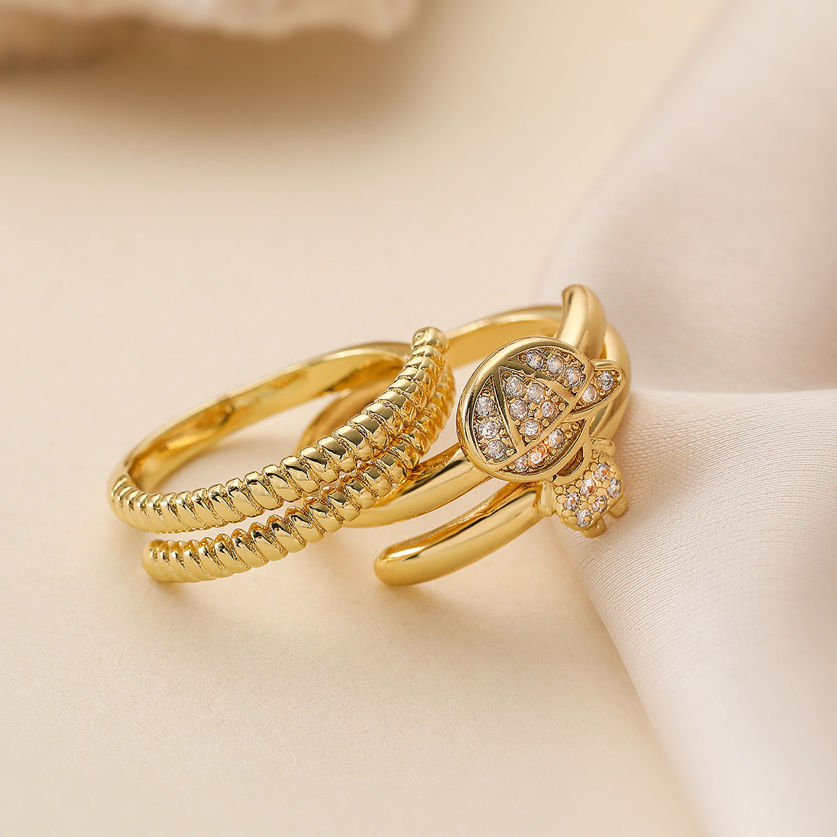 Minimalist Elegant 18K Gold Plated Brass Geometric Cubic Zirconia Ring Set for Women