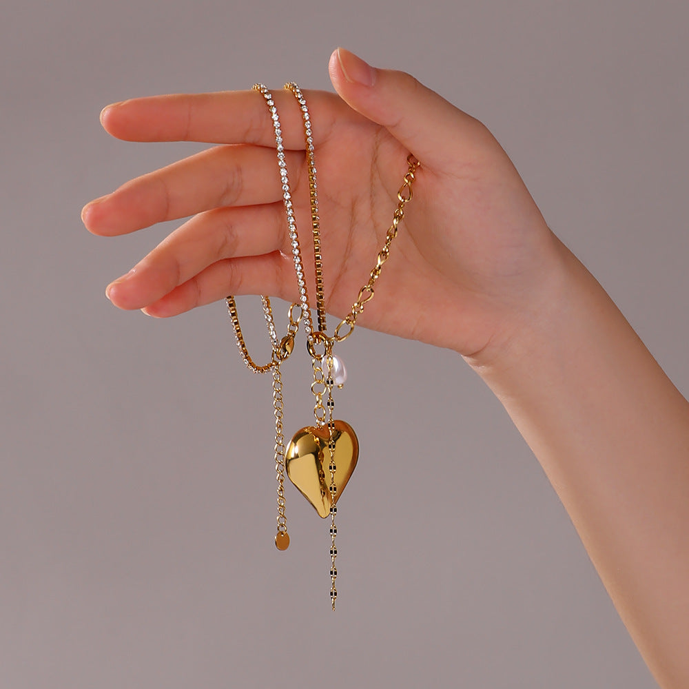 Ins Style Heart Shaped Stainless Steel Pendant Necklace with 18K Gold Plating and Pearl Inlay for Women