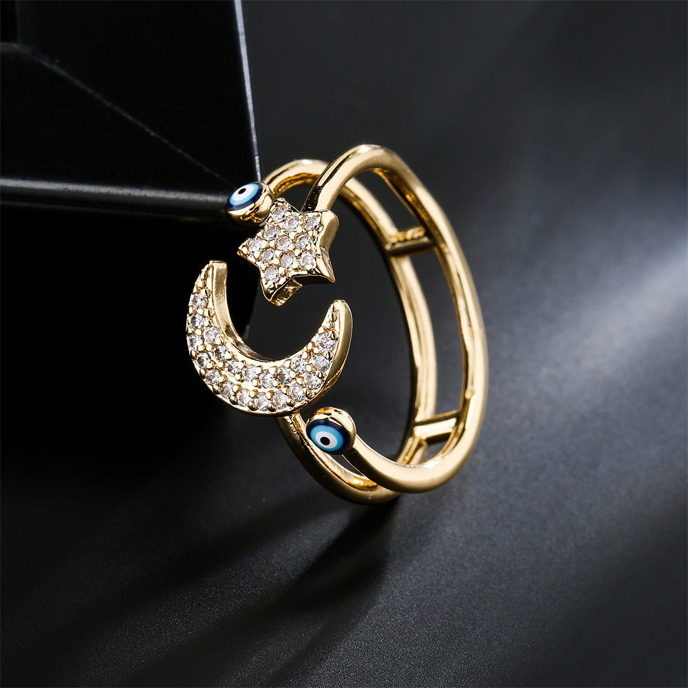 Minimalist Geometric Open Ring with Enamel Evil Eye Design in Copper for Women
