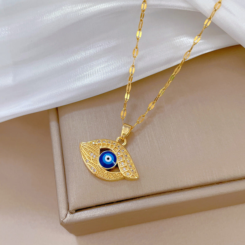 Collana Pendente Minimalista Geometrica a Occhio di Allah per Donna e Uomo in Acciaio al Titanio con Intarsio di Strass e Delicata Catena a Serpente