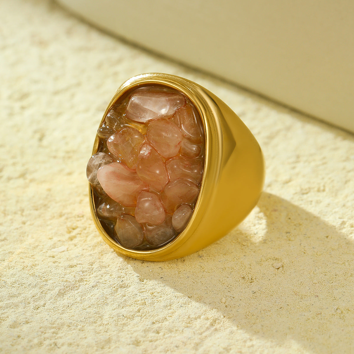 Anillo de Acero Inoxidable Geométrico Minimalista Vintage con Incrustaciones de Piedra Natural Bañado para Mujer