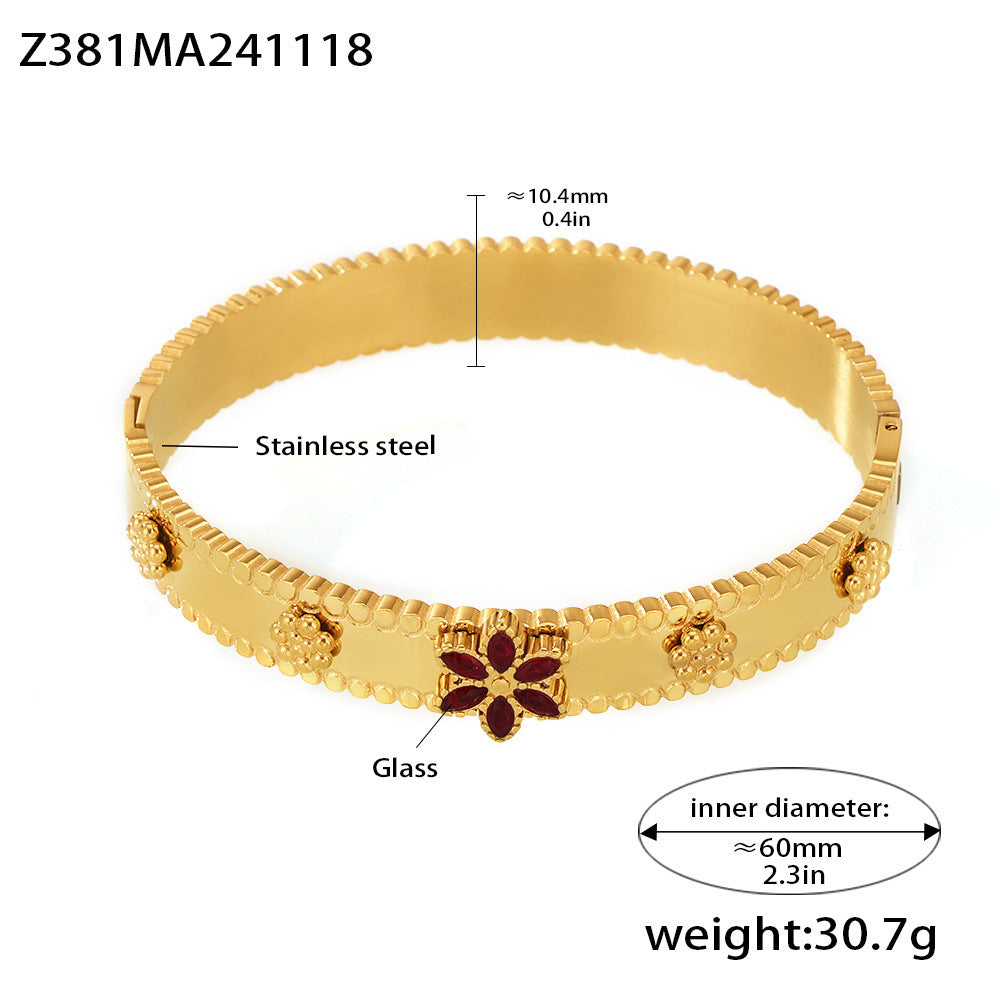 Pulsera de acero inoxidable con forma de copo de nieve y rueda de la fortuna, con incrustaciones de circonita y chapado en oro de 18 quilates.
