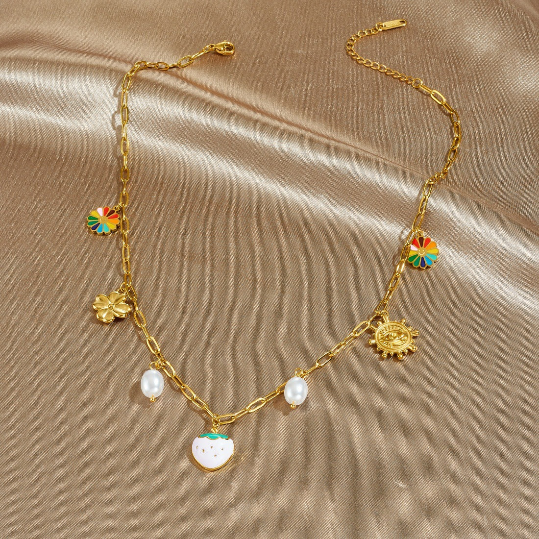 Pink Drip Oil Heart and Floral Stainless Steel Necklace with Imitation Pearl Curb Chain for Women