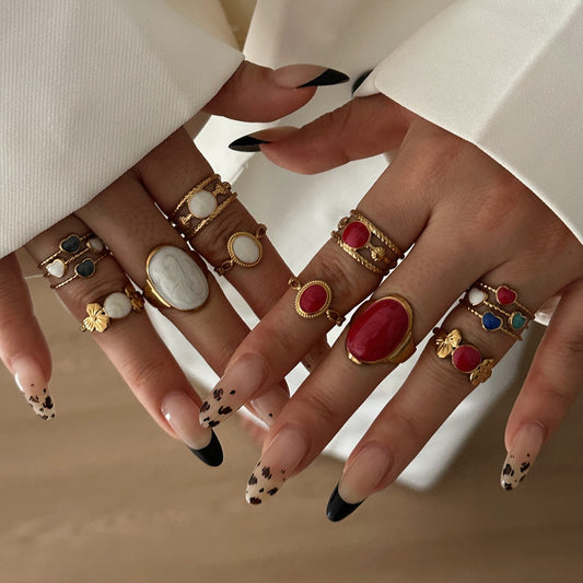Anillo de acero inoxidable con diseño geométrico redondo, ovalado y de goteo de aceite, chapado en oro de 18 quilates, de lujo vintage para mujer