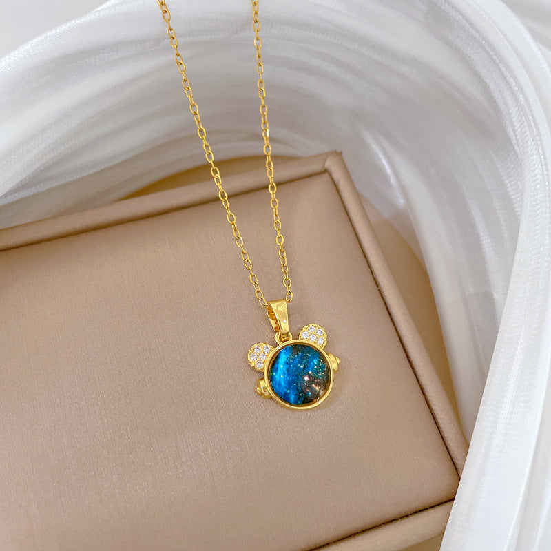 Cartoon Style Starry Sky Cat Pendant Necklace for Women Stainless Steel Delicate Clavicle Chain with Moon Motif