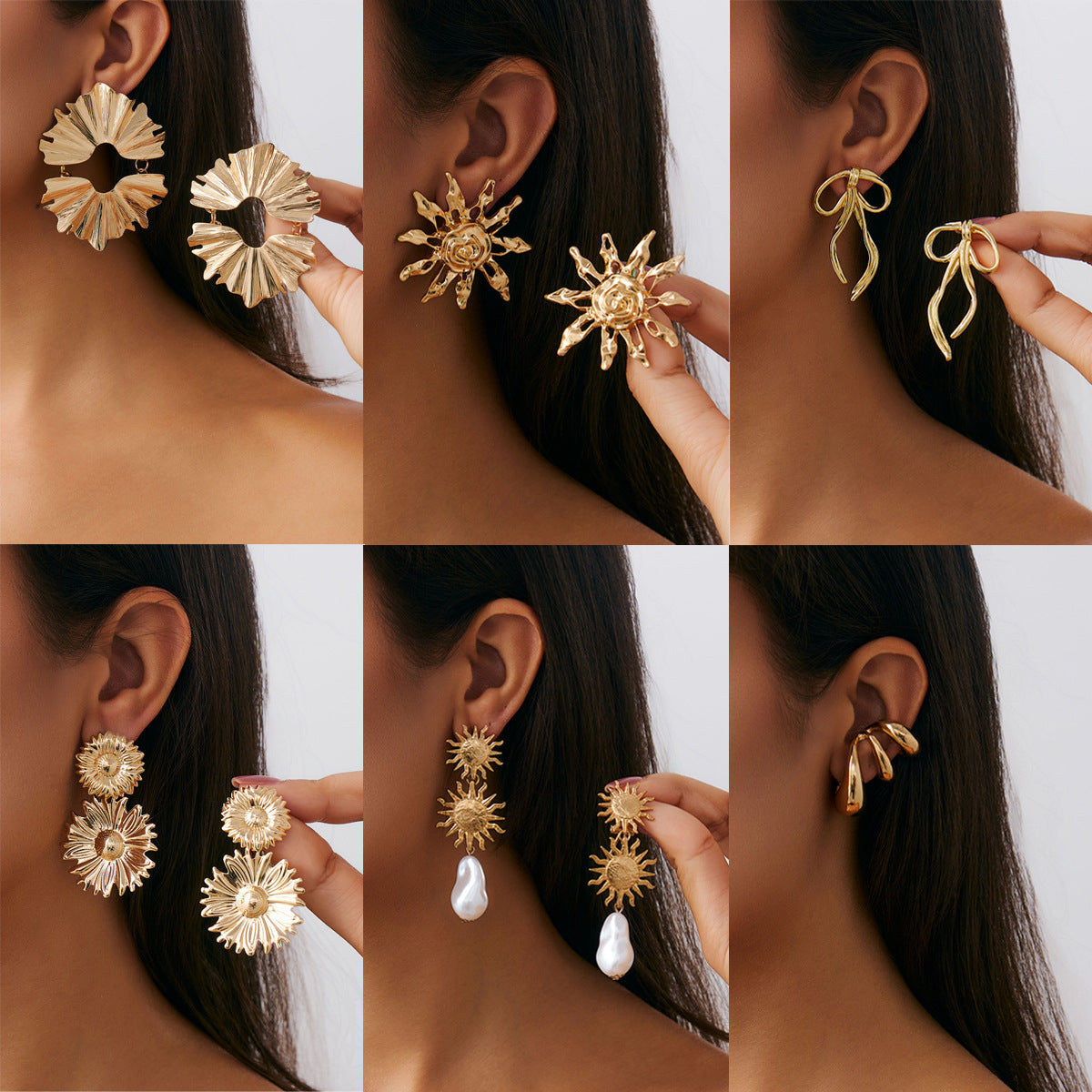 Minimalist Geometric Sunflower Pearl Drop Earrings Alloy Plated Fashion Ear Clips for Women