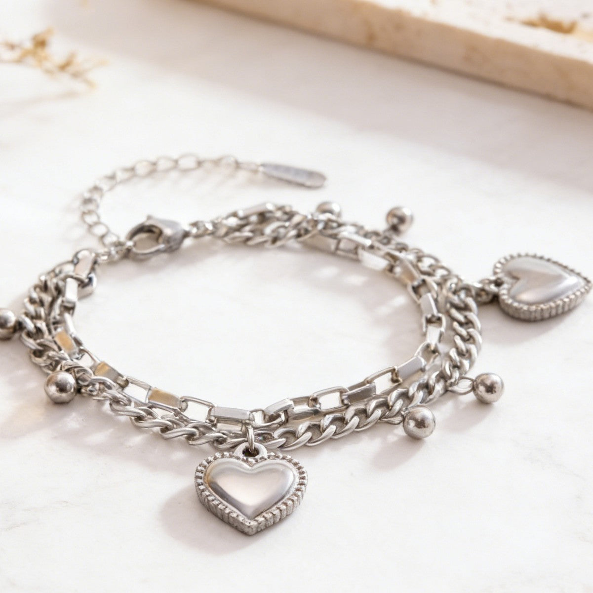 Elegant 18K Gold Plated Heart Stainless Steel Double Layer Bracelet for Women