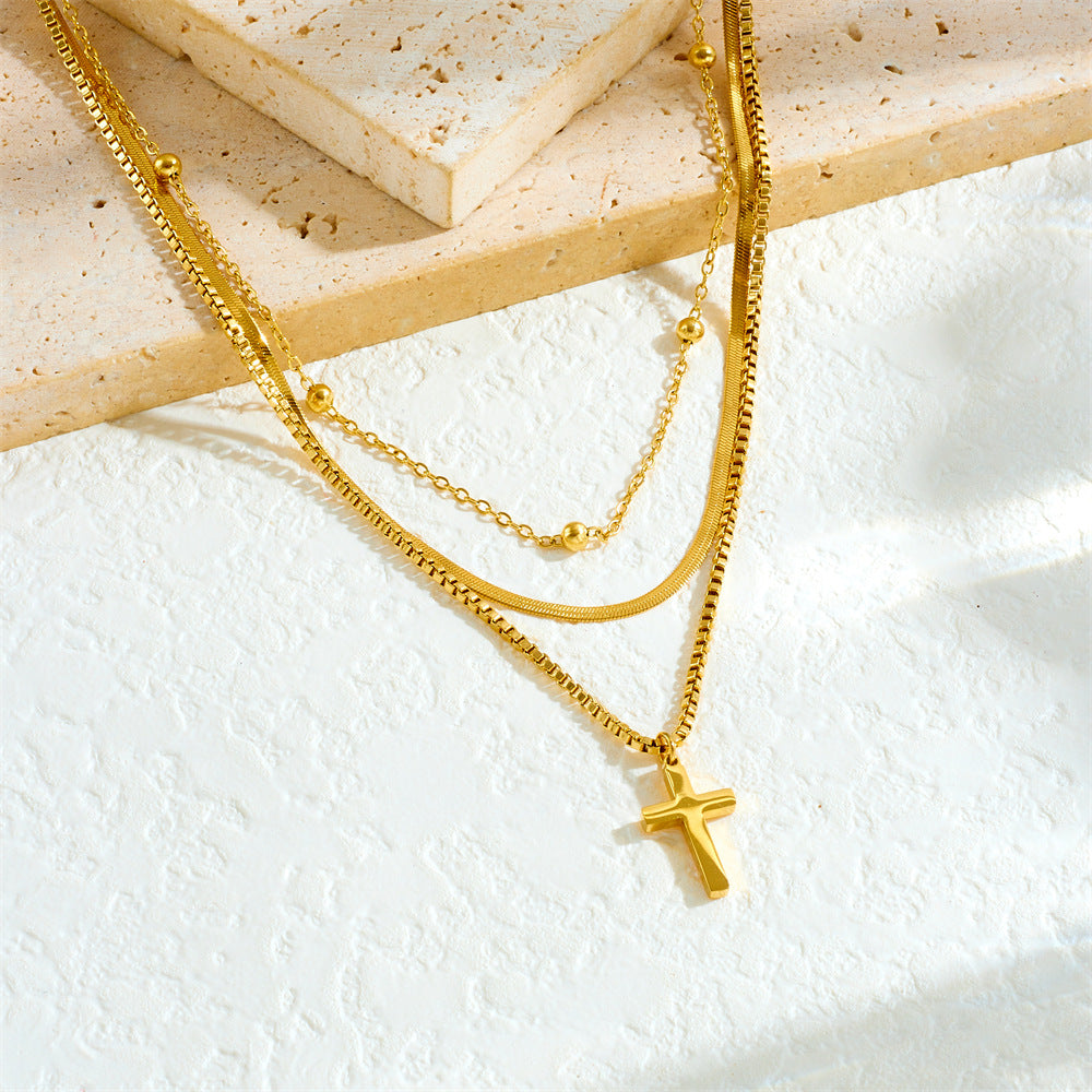 Fashion Gold Plated Cross Stainless Steel Pendant Multi-layer Cable Chain Necklace for Women