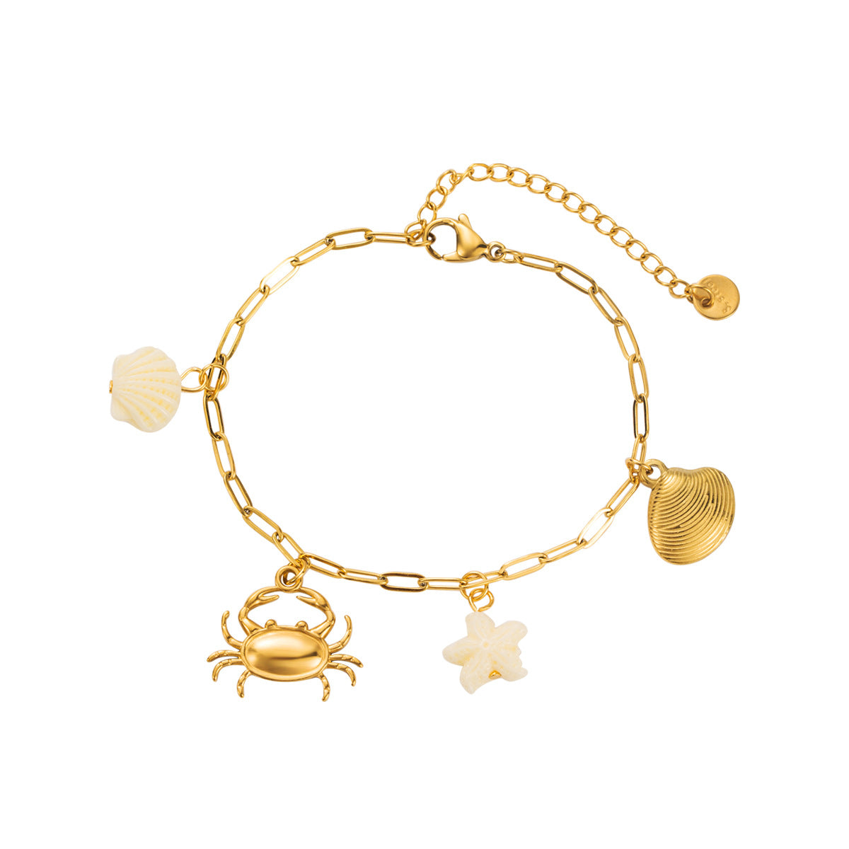 Collana con ciondolo a forma di granchio in stile vacanza in acciaio inossidabile con intarsio in conchiglia, design geometrico, placcato oro, catena per clavicola da donna