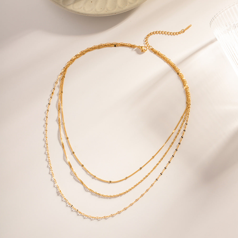 Collana a tre strati minimalista da donna con ciondolo in acciaio inossidabile e placcatura in oro 18 carati, stile catena snake