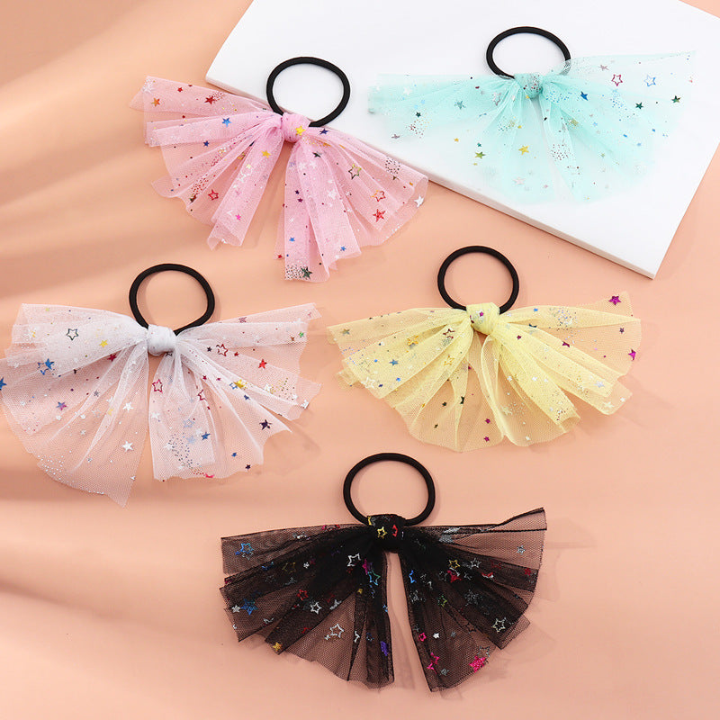 Fermacapelli vintage coreano con stella e fiocco per bambine, con tulle e paillettes