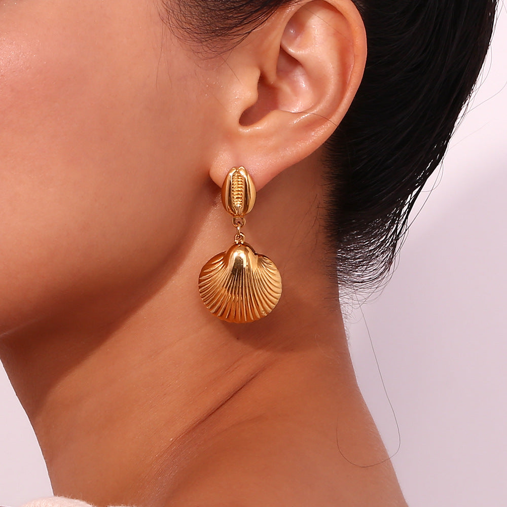 Fashion Minimalist Geometric Shell Earrings in Stainless Steel with 18K Gold Plating for Women