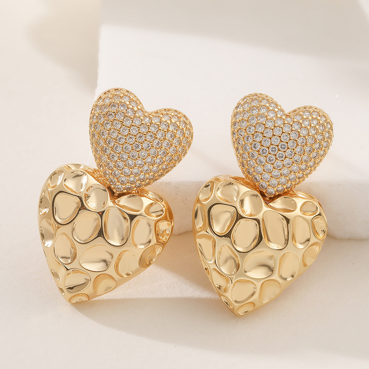 Vintage Elegant 18K Gold Plated Brass Geometric Heart Stud Earrings with Cubic Zirconia for Women