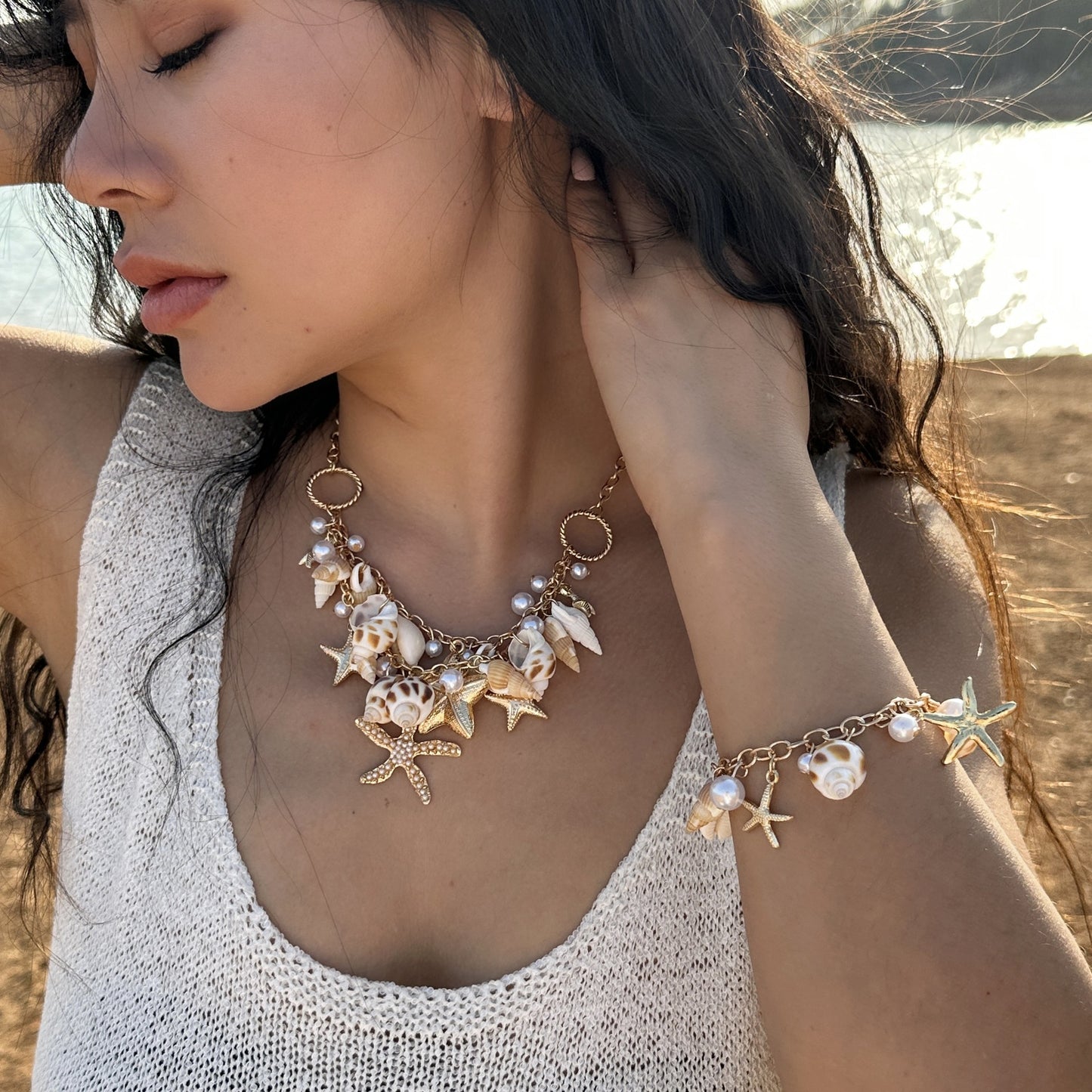 Collana da donna con ciondolo a conchiglia e stella marina in lega geometrica bohémien