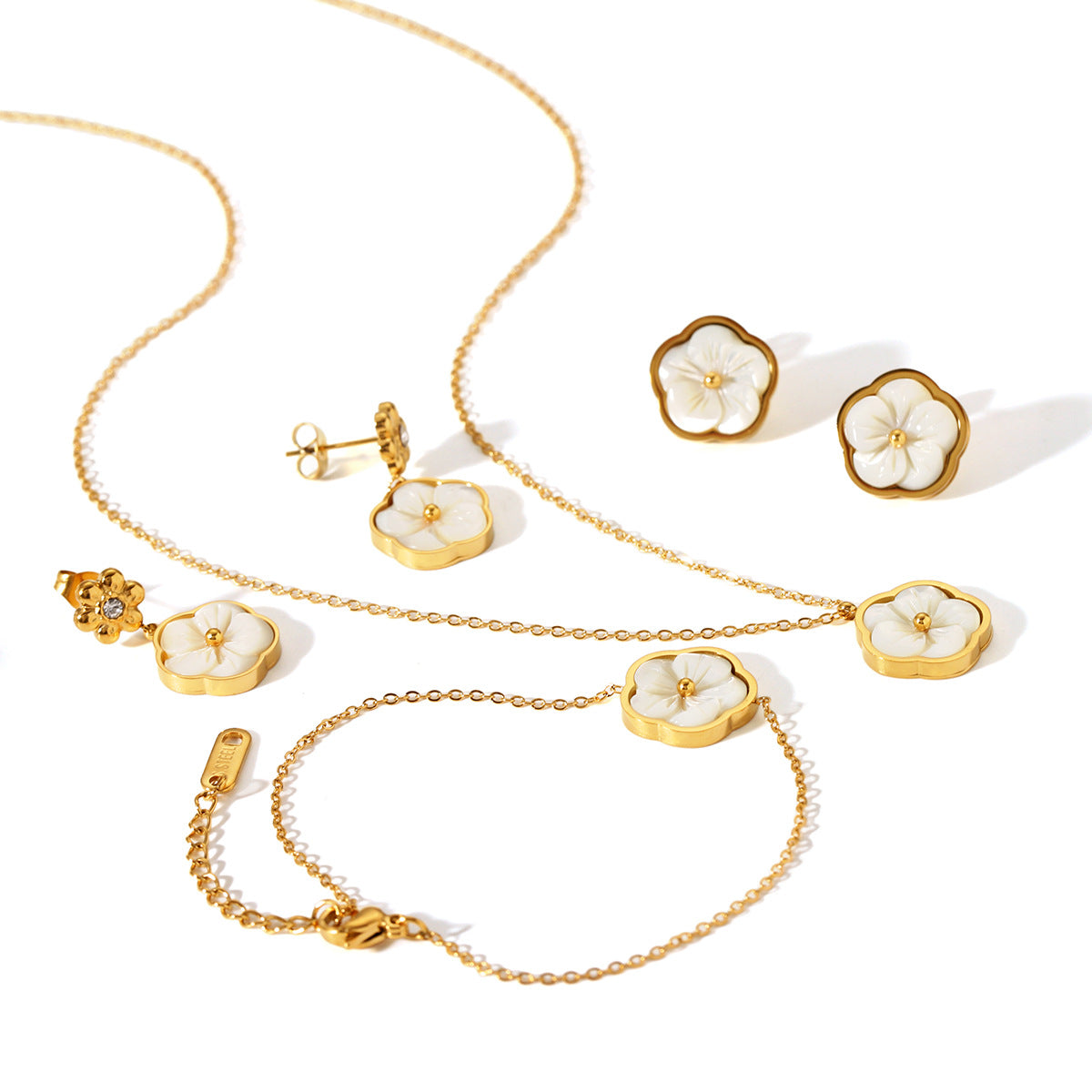 Minimalist Floral Stainless Steel Necklace with Zircon and Mother-of-Pearl Inlay Pendant on Cross Chain for Women