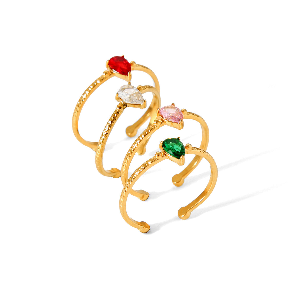 Vintage French Light Luxury 18K Gold Plated Stainless Steel Zircon Waterdrop Hammered Texture Open Ring for Women