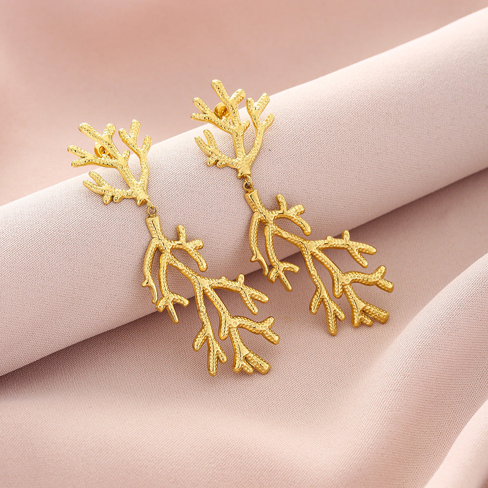 Pendientes de gota geométricos, de acero inoxidable, a la moda, con borla y detalles de coral para mujer