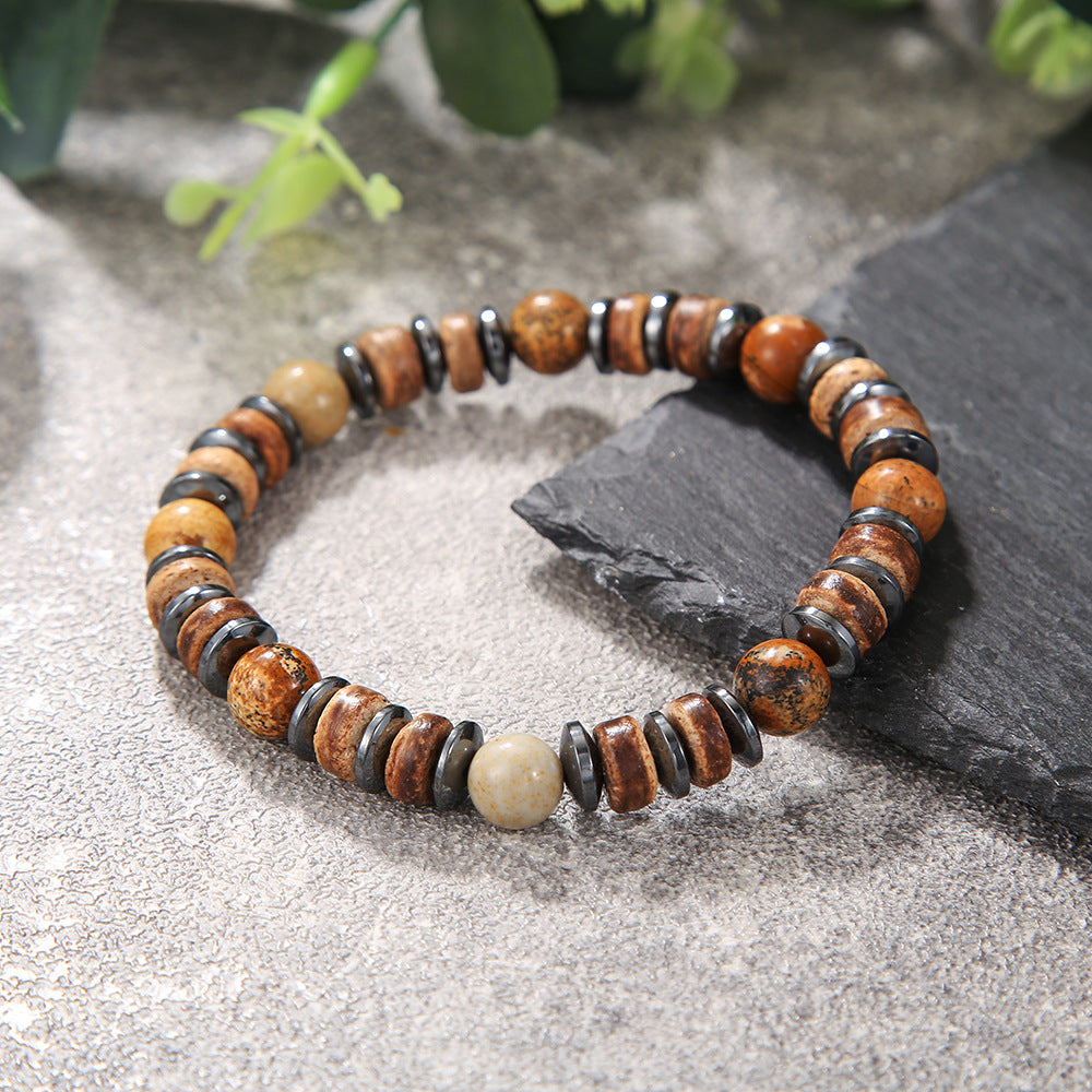 Vintage Geometric Skull Handmade Wood Turquoise Beaded Bracelet