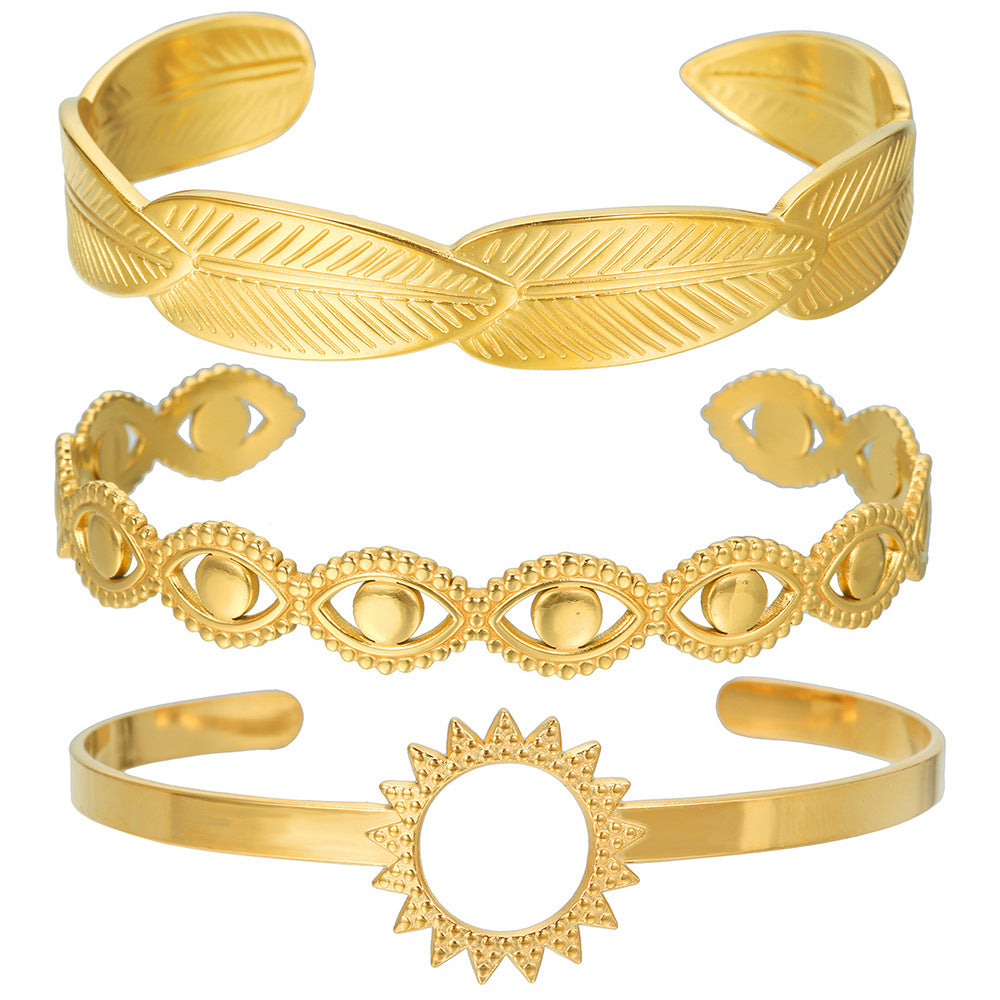 Minimalist Titanium Steel Plated Round Geometric Leaf Hollow Sun Snake Cuff Bracelet