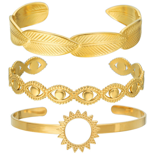 Minimalist Titanium Steel Plated Round Geometric Leaf Hollow Sun Snake Cuff Bracelet