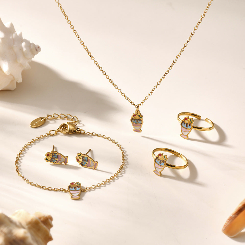 Cute Ice Cream Shaped Titanium Steel Necklace Set with Plated Finish for Kids, Includes Necklace and Bracelet
