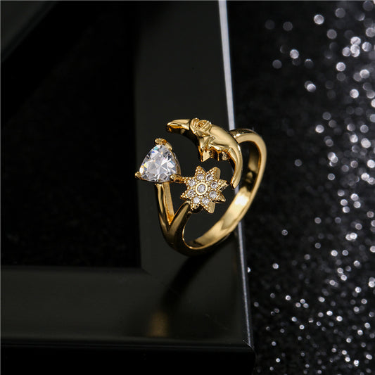 Geometric Star Moon Heart Micro-inlay Cubic Zirconia Brass Ring for Women